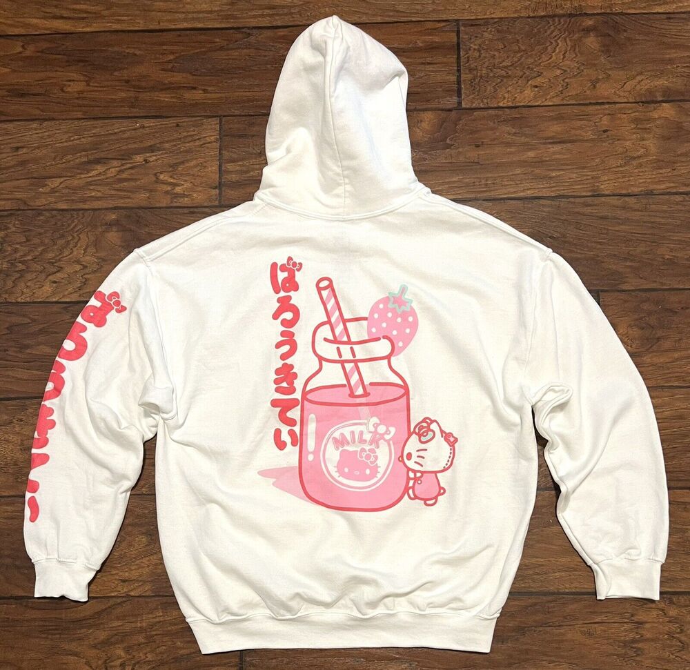 Hello Kitty Hoodie Strawberry Milk Sweatshirt White Pink Adult Sz XL Womens Mens